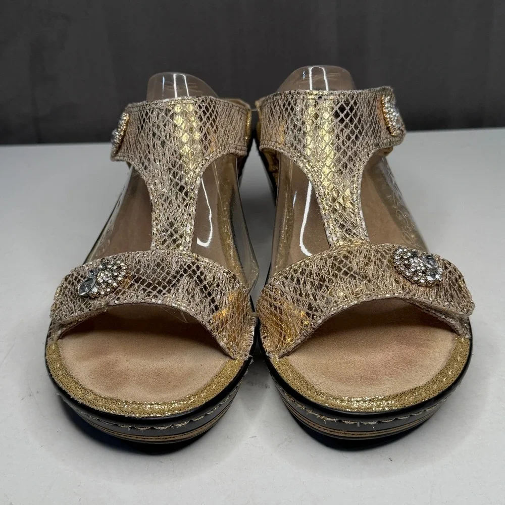 Alegria Lara Wedge Sandals Womens 38 Gold Leather Rhinestone Snake Print LAR-669